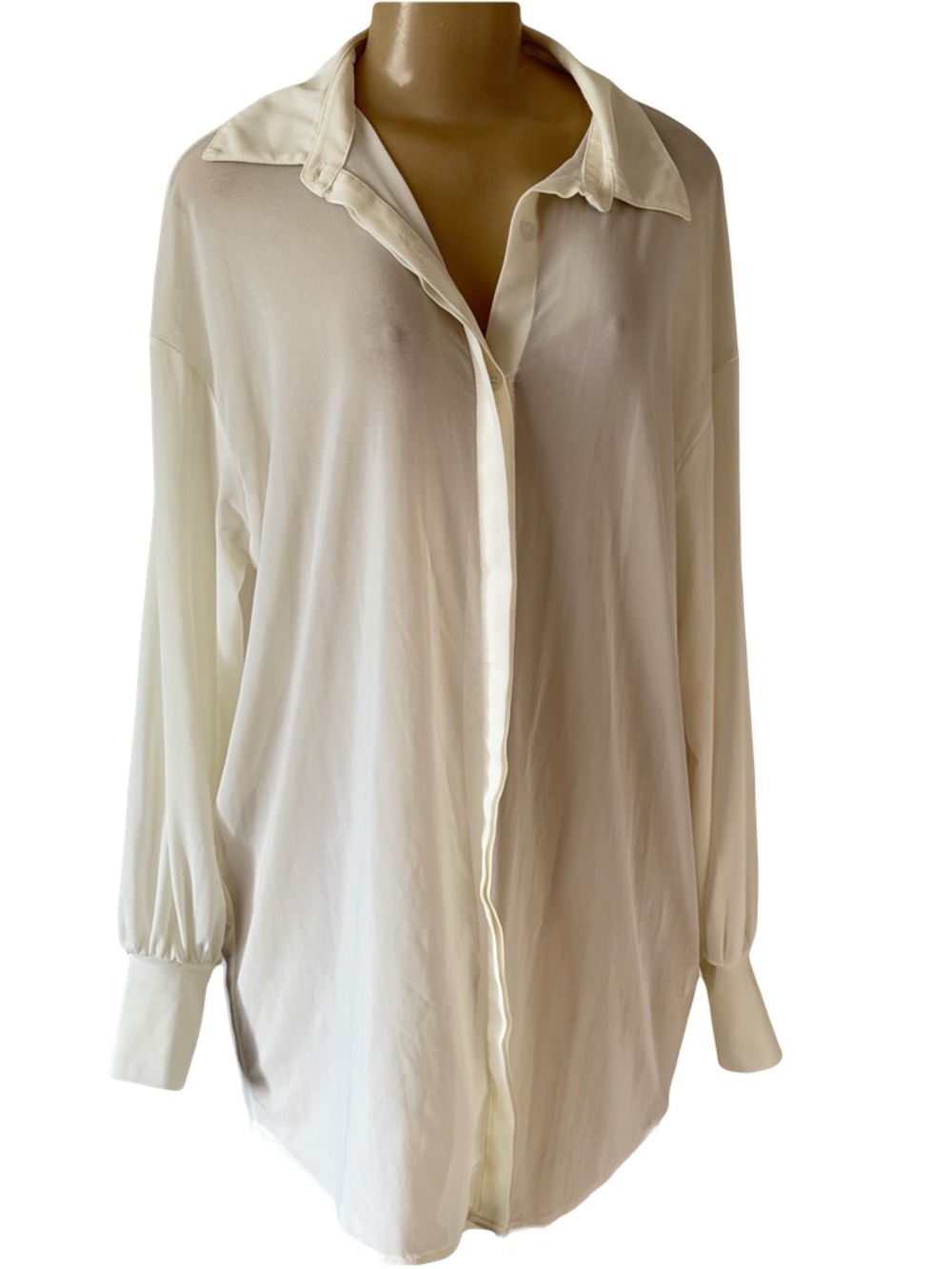 Meshki white mesh collared button up long sleeve sheer blouse XS